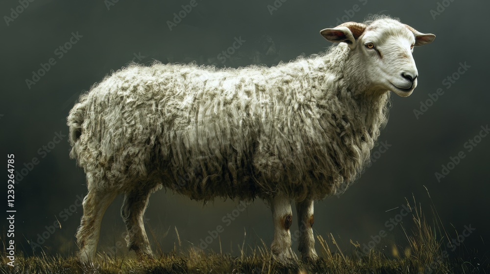 Fluffy sheep standing in pasture with thick coat and horns on overcast day Fluffy sheep standing in pasture with thick coat and horns on overcast day