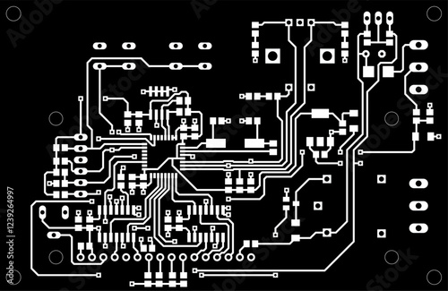 Tracing conductors of printed circuit board
of electronic device. Vector engineering 
drawing of pcb design. Electric background.
Computer technic cad project.