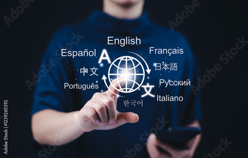 Multilingual language translation technology concept. A person with icons various languages, global language translate, multilingual communication, and international connections. AI translator, photo