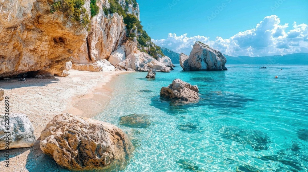 Obraz premium Tranquil Beach Scene with Clear Water and Rocky Formations