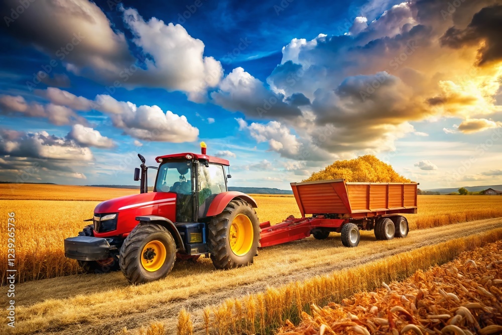 Fototapeta premium Tractor with Loader Wagon Harvesting Corn in Field