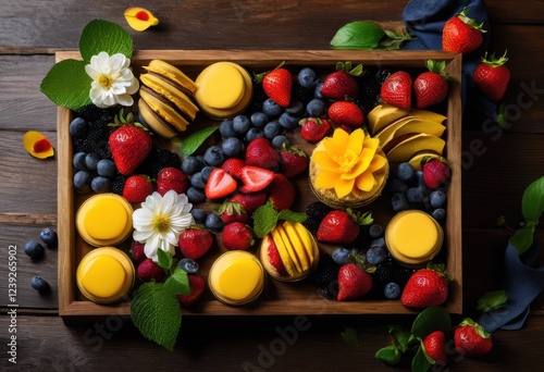 captivating vibrant dessert flatlays featuring seasonal rich tempting sweet treats culinary inspiration, aesthetic, arrangement, abundance, berry, biscuit photo