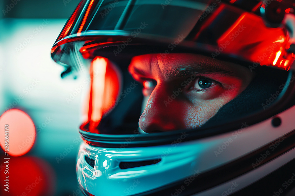 Intense portrait of a focused car racer in a helmet showcasing determination and speed, generative AI Intense portrait of a focused car racer in a helmet showcasing determination and speed, generative AI
