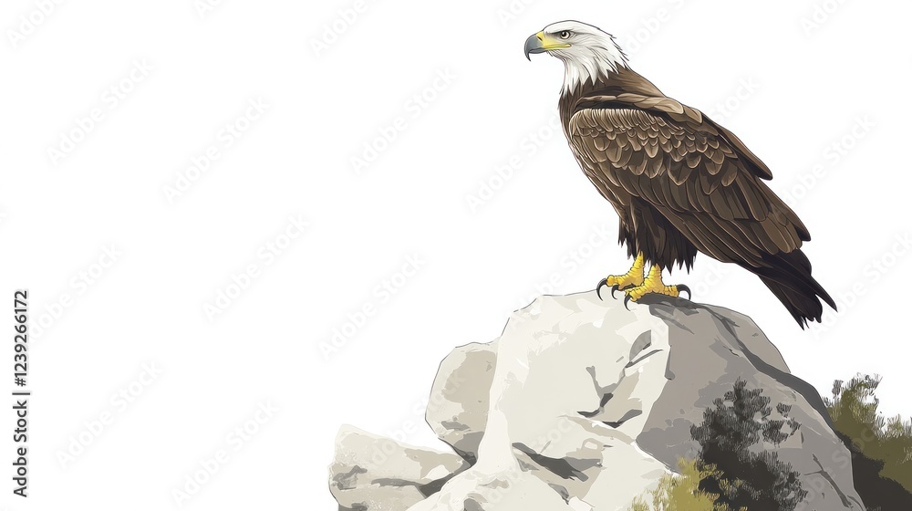 Fototapeta premium Majestic eagle perched on rock, overlooking landscape, wildlife conservation