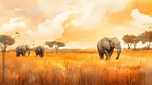African Elephants Tranquilly Roaming Golden Savannah Sunset
