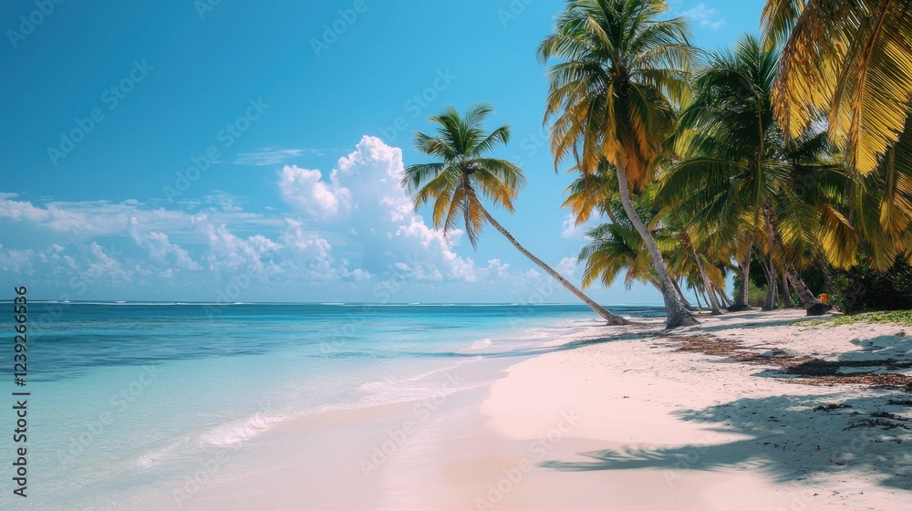 Tranquil Shoreline with Palm Trees and Clear Blue Water Tranquil Shoreline with Palm Trees and Clear Blue Water