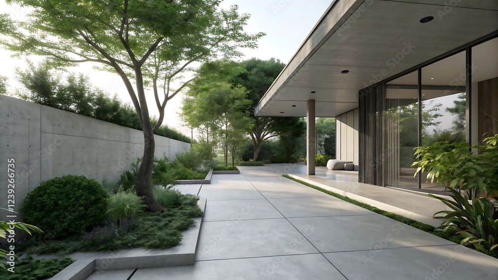 Sleek minimalist concrete patio showcasing deep shadows and natural greenery for modern architectural aesthetics. Sleek minimalist concrete patio showcasing deep shadows and natural greenery for modern architectural aesthetics.