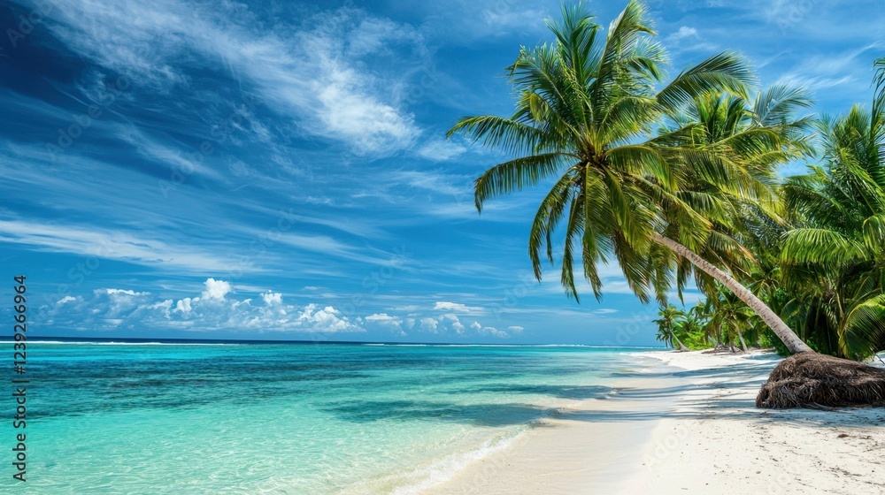 Fototapeta premium Tropical Paradise with Palm Trees and Crystal Clear Waters