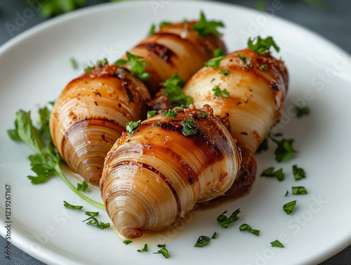 Grilled mollusks with herbs on a white plate