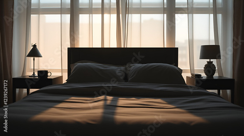 A Silhouetted interior bed design is showcased, bathed in soft hazy backlighting, creating a dreamy atmosphere with soft focus.