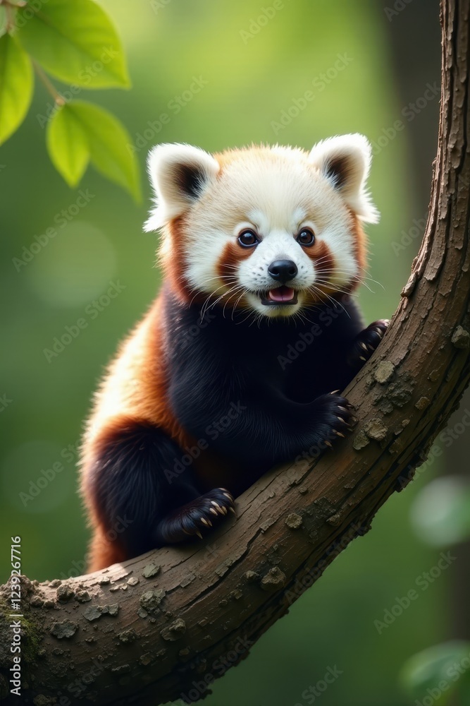 Adorable panda cub perched on tree branch, front view, adorable, forest Adorable panda cub perched on tree branch, front view, adorable, forest
