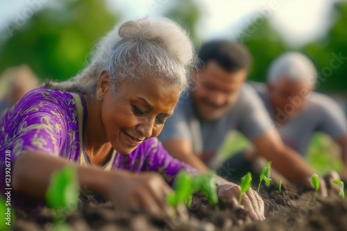 An elderly woman happily planting seedlings in soil, surrounded by other people in a community farming or gardening activity outdoors.  

