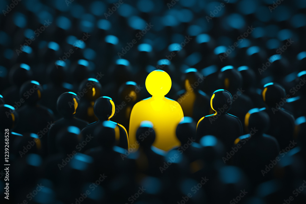 Fototapeta premium One yellow glowing neon person figure stands out of crowd of other people. Being different, and uniqueness business concept background.