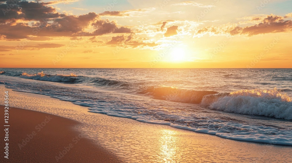Obraz premium Serene Sunset Over Gentle Waves on Tranquil Beach Shoreline