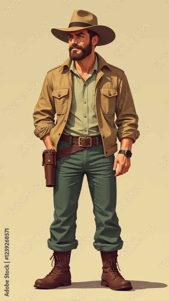 Adventurer in the wild: a rugged explorer ready for adventure in untamed landscapes