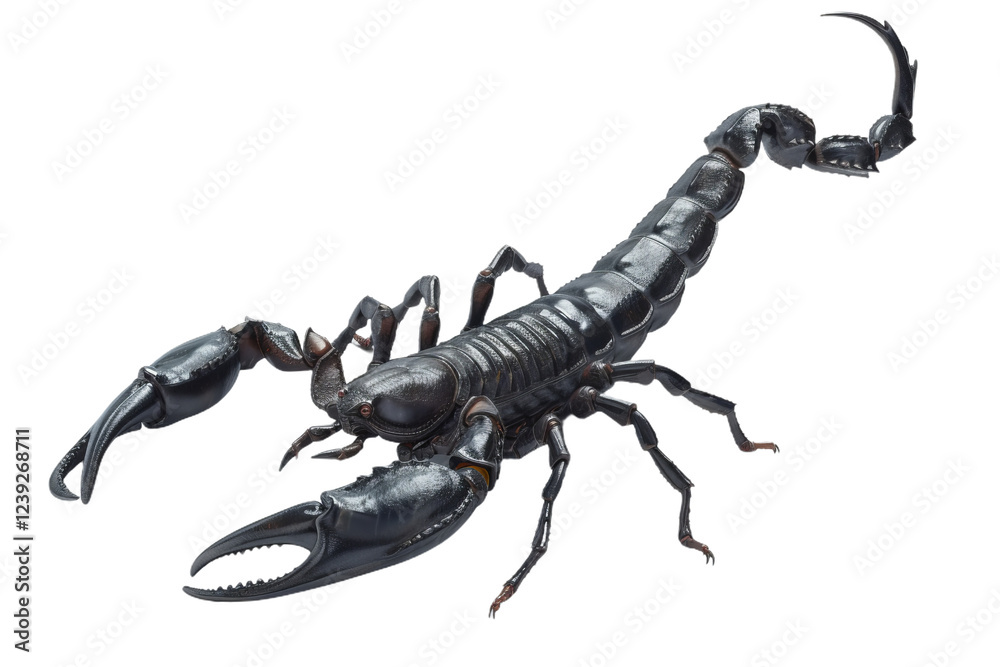 Detailed view of a black scorpion with raised tail and sharp pincers ready for defense Detailed view of a black scorpion with raised tail and sharp pincers ready for defense