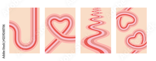 Retro Valentine posters 70s style. Vintage geometric backgrounds with pink lines.