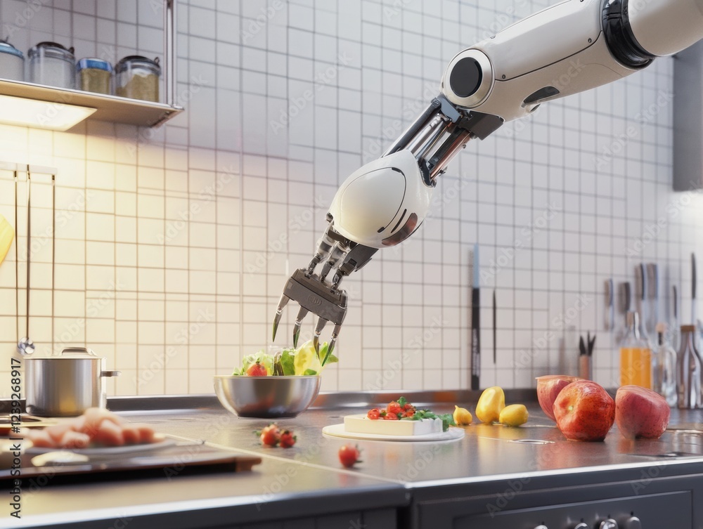 A robotic arm assisting with meal preparation in the kitchen. A robotic arm assisting with meal preparation in the kitchen.
