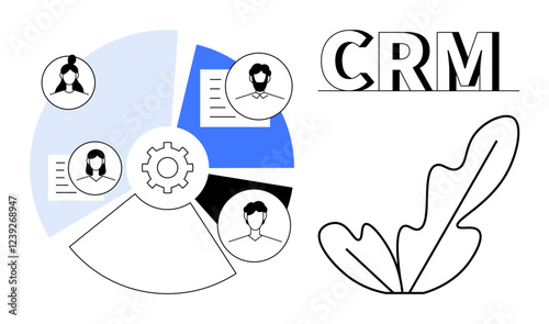 Pie chart segments containing user profile icons, gear symbol, plant icon, and CRM acronym. Ideal for business management, customer service, data analysis, workflow, teamwork communication