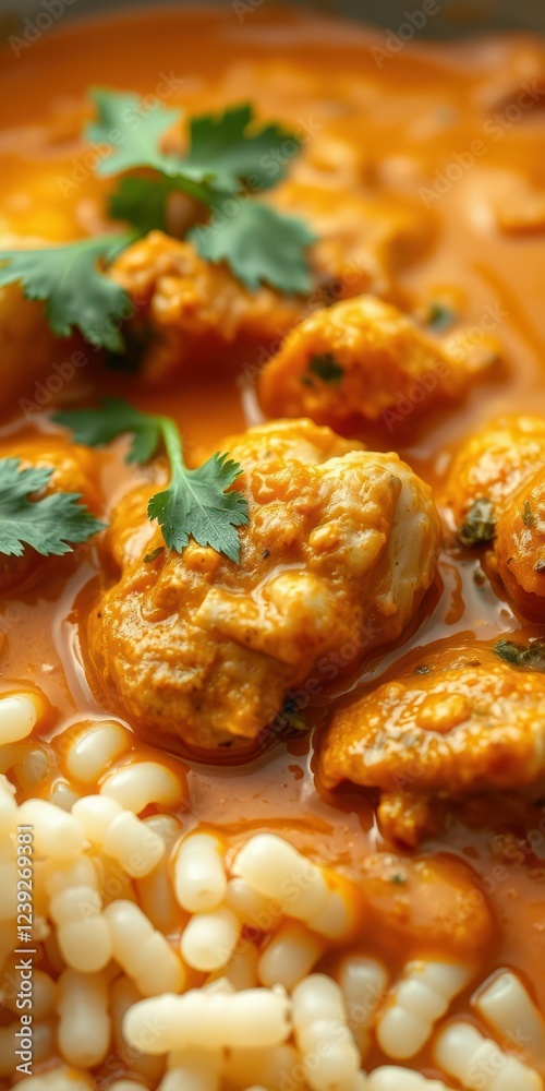 Delicious chicken curry served with rice and garnished with fresh cilantro on a wooden table Delicious chicken curry served with rice and garnished with fresh cilantro on a wooden table
