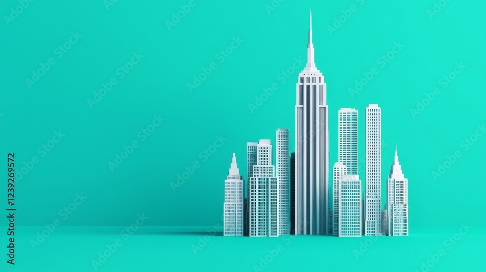 Fototapeta premium A keyword is essential for SEO and strong backlink building. Minimalist city skyline against a turquoise background.