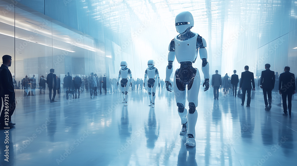 Robotic workers replace human colleagues on shifts. Horizontally. Robotic workers replace human colleagues on shifts. Horizontally.