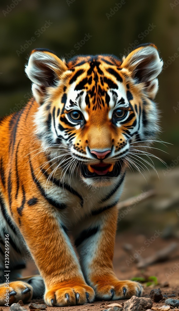 Fototapeta premium Young tiger explores its natural habitat in the forest during daylight hours