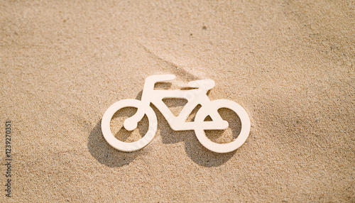 Bicycle icon on beach sand. Flat lay. photo