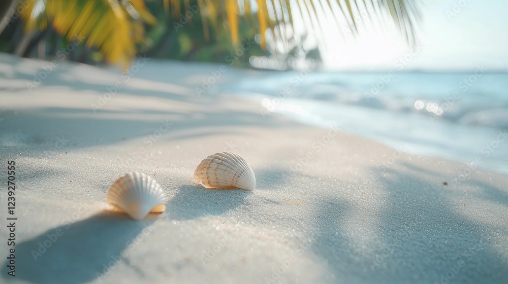 Obraz premium Soft Shells on Sandy Beach with Gentle Waves in Background