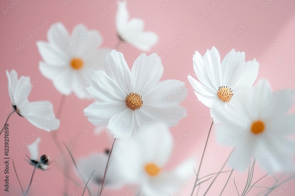 Obraz premium Elegant White Cosmos Flowers on Pink Background