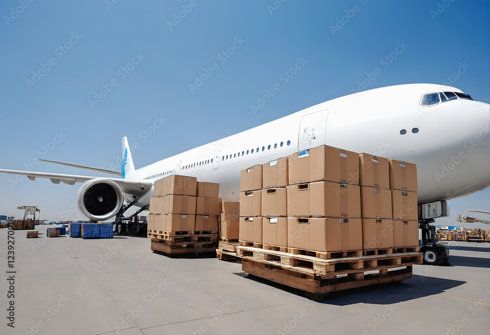 Loading cargo on plane in airport. Shipping logistic
