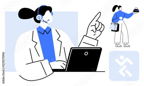 Customer support representative wearing headset, engaging on a laptop. Shopper holding bags and a product. Symbols representing customer satisfaction and service excellence. Ideal for customer