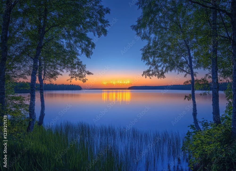 Serene Sunset Over Calm Lake Surrounded by Green Trees Under Clear Sky in Twilight Blue Hour