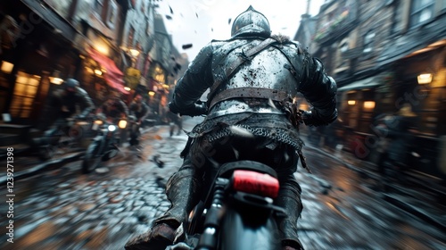 A knight clad in armor rides a motorcycle through cobblestone streets, merging medieval themes with modern transportation for a striking visual narrative of adventure.