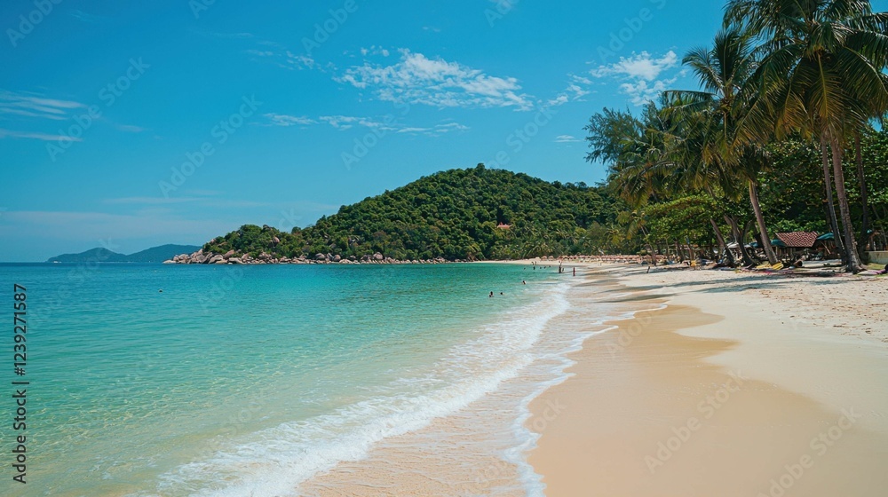 Fototapeta premium Serene Tropical Beach with Clear Water and Lush Green Hills