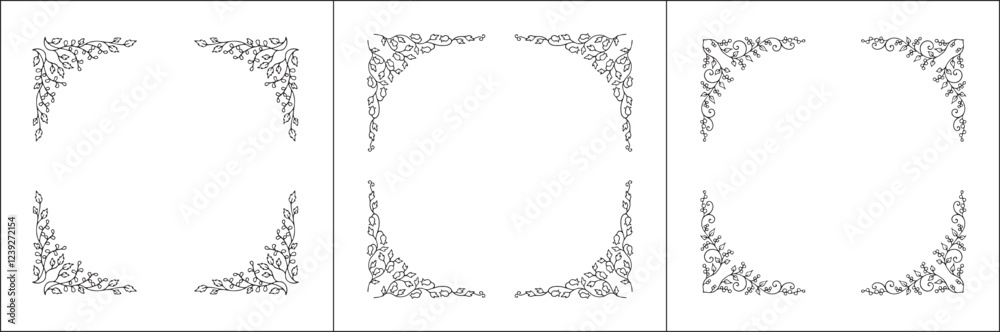 Set of three vector decorative frames, vegetal ornamental frame with flowers, decorative border, corners, black and white. Isolated vector illustration. Set of three vector decorative frames, vegetal ornamental frame with flowers, decorative border, corners, black and white. Isolated vector illustration.