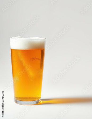 A glass of light-colored beer with a thick head of foam rests on a plain white background photo