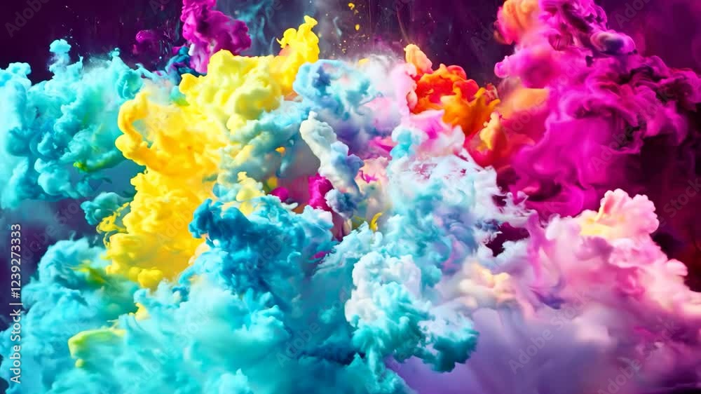 Scattering splashes of colorful bright powder on a dark background for Holi festival in India, concept of celebrating the arrival of spring, banishing evil and rebirth of life.