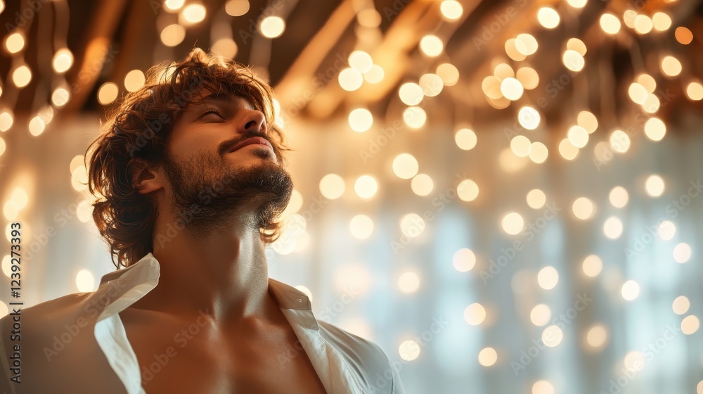 A man gazes thoughtfully amidst twinkling lights, creating an intimate and serene atmosphere, reflecting deep emotions and inner contemplation in this artistic space. A man gazes thoughtfully amidst twinkling lights, creating an intimate and serene atmosphere, reflecting deep emotions and inner contemplation in this artistic space.