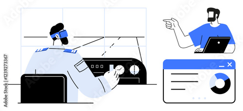 Air traffic controller adjusting controls while pilot communicates via laptop, with data analytics graphic. Ideal for teamwork, aviation management, technology, communication, data-driven decisions