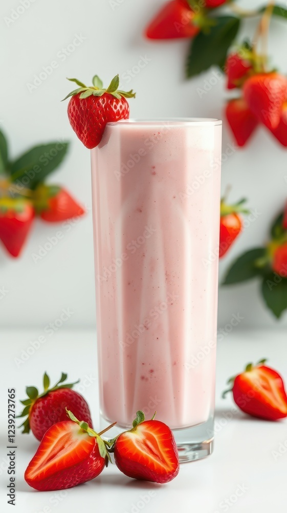 Fresh strawberry smoothie served in a tall glass with vibrant strawberries for decoration and garnish Fresh strawberry smoothie served in a tall glass with vibrant strawberries for decoration and garnish