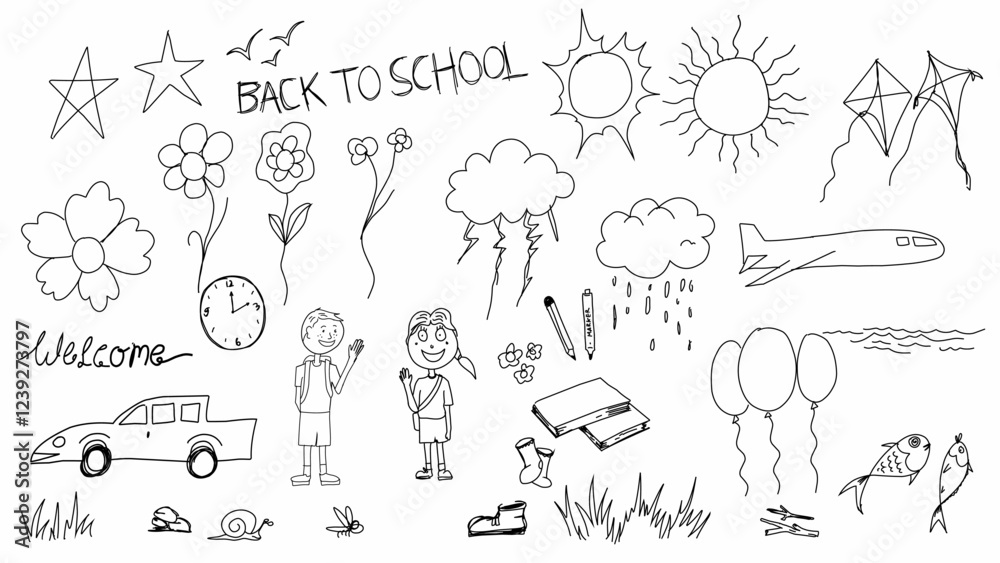 Obraz premium doodle vector of school elements like kids, books, pencils, and clouds. Simple black and white sketch, great for education, learning, and creative projects