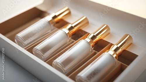 Elegant cosmetic bottles in a stylish packaging display on a sleek surface photo