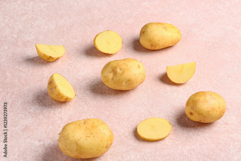 Raw baby potatoes and slices on pink background Raw baby potatoes and slices on pink background