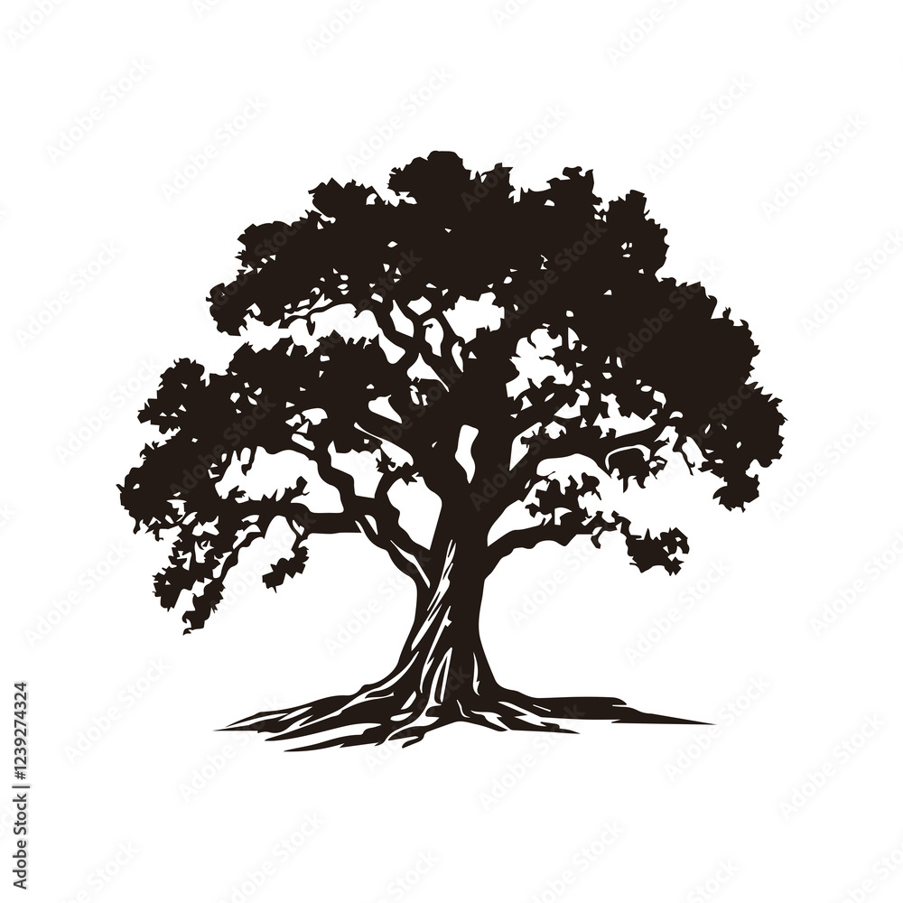 Fototapeta premium A minimalist and elegant oak tree logo, symbolizing strength, stability, and longevity. This vector illustration features a detailed oak tree with spreading branches and deep roots, making it perfect 