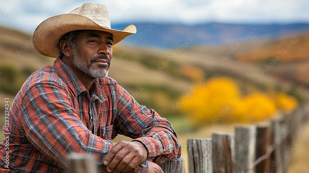 Fototapeta premium Rancher Contemplating Autumnal Landscape: A Rustic Portrait