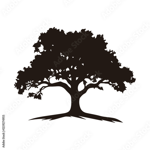 A minimalist and elegant oak tree logo, symbolizing strength, stability, and longevity. This vector illustration features a detailed oak tree with spreading branches and deep roots, making it perfect 