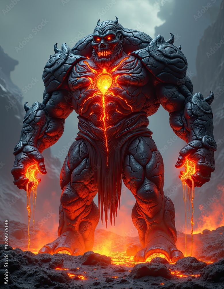 A large, rocky monster stands on a field of lava with glowing red eyes and a molten core A large, rocky monster stands on a field of lava with glowing red eyes and a molten core