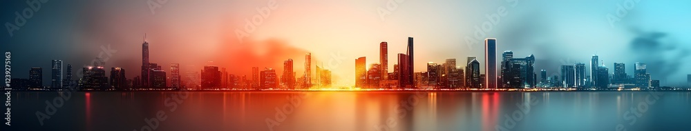Dramatic Glowing Neon Cityscape Skyline with Illuminated Skyscrapers and Minimalist Dark Futuristic Backdrop in Style Dramatic Glowing Neon Cityscape Skyline with Illuminated Skyscrapers and Minimalist Dark Futuristic Backdrop in Style