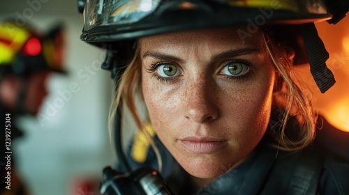 A close-up of a female firefighter with an intense gaze, surrounded by flames, representing strength and heroism in combating devastating fires. photo